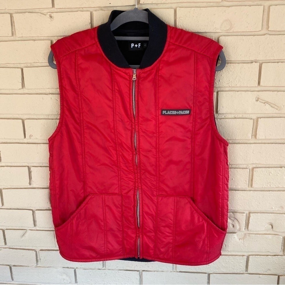 Places + Faces Puffer Vest Jacket Red Waffled Cotton Lining Embroidered Small S